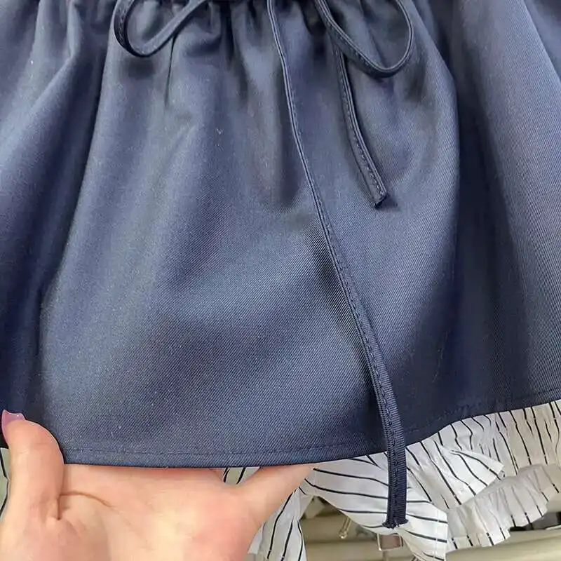 Elastic Waist Striped Spliced Casual Wide Leg Pants Women Loose All-match Black Short Trousers Summer New Tide