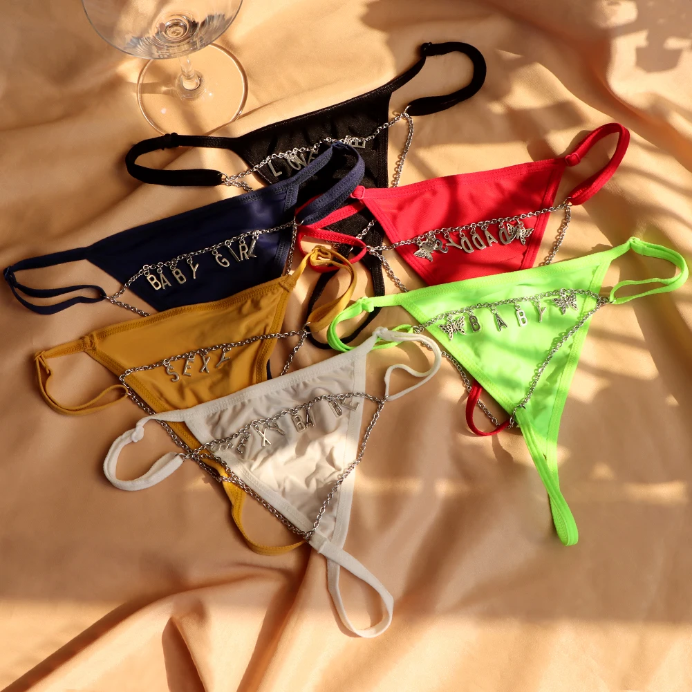 Personalised Underwear Custom Metal Letters Thong Waist Jewelry Sexy Women Solid Color Bikini G-String Girlfriend Birthday Gift