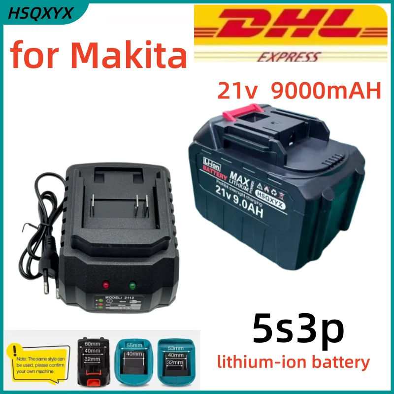 

Rechargeable Lithium Ion Battery 18-21V 9000mAh High Capacity with Battery Indicator for Makita BL1830 BL1840 BL1850 Power Tools