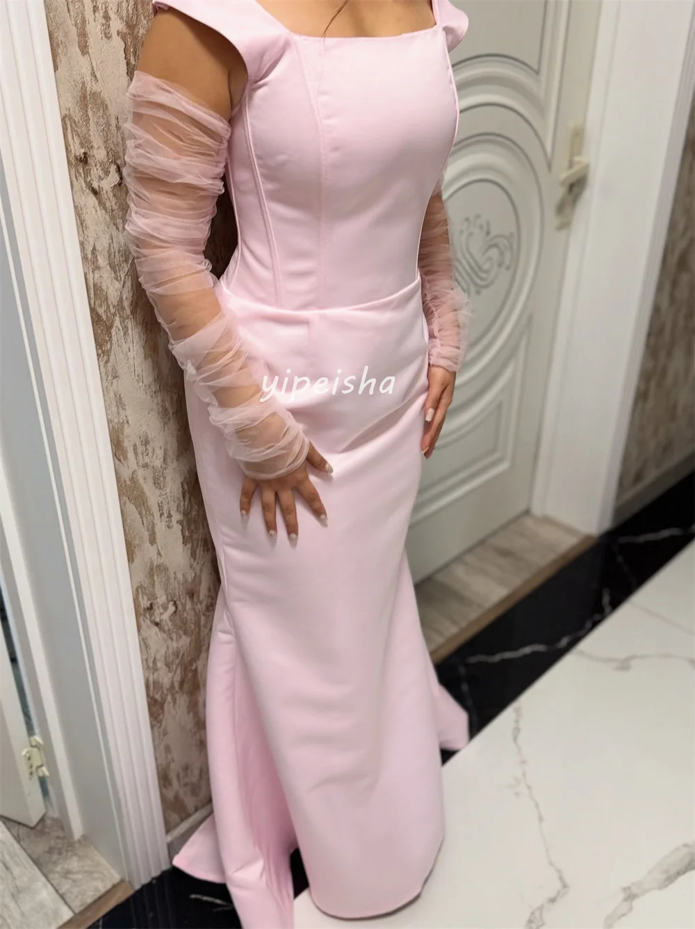 Maßgeschneiderte, passende, sexy Jersey-Falten-Meerjungfrau-Kleider, schulterfrei, lange Kleider, maßgeschneiderte Anlasskleider, Größen erhältlich, klassisch