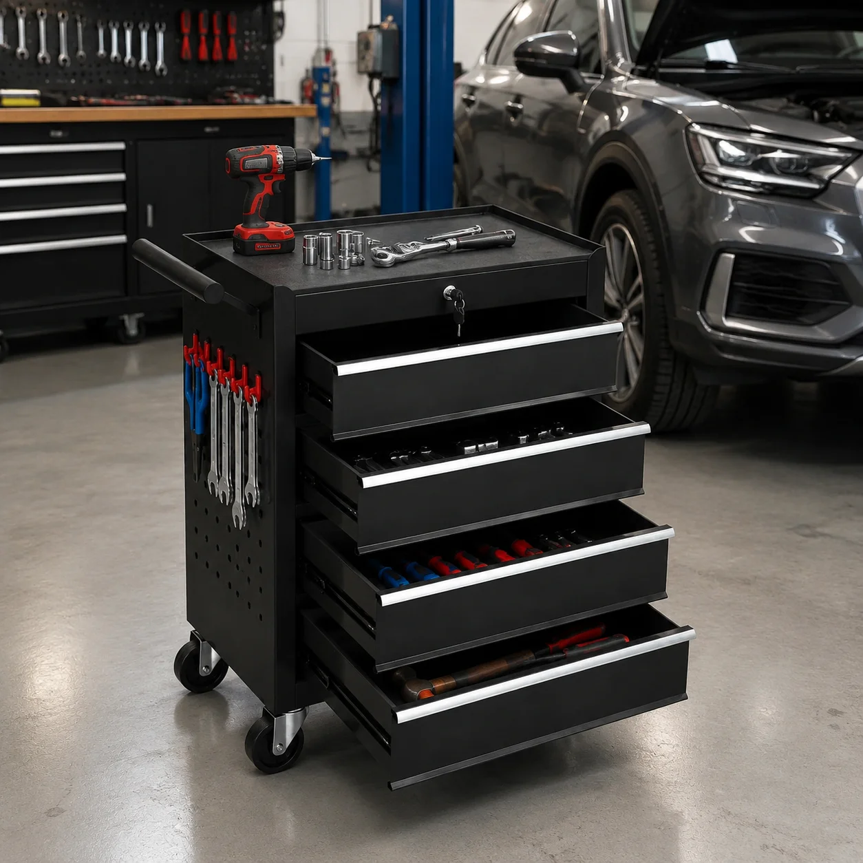 4 Drawer Rolling Tool Chest with Wheels, Locking Tool Storage Cabinet Cart, Portable Carbon Steel Toolbox Organizer with Hooks for Garage Workshop Auto Repair DIY