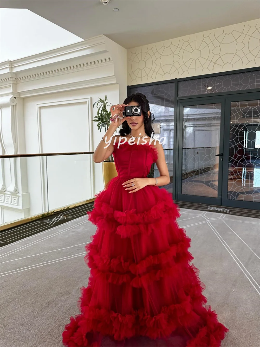 ที่กําหนดเอง Retro สไตล์จีน Tulle จีบ Ruched ชั้น A-Line ชุดราตรียาว Bespoke โอกาสชุดแฟชั่น Pastrol