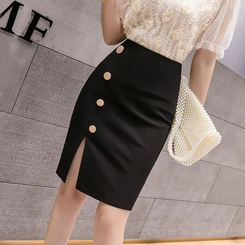 High Waisted Elastic Professional OL Women's Patchwork Zipper Bag Black Wrap Hip Half Skirt Summer New Button Split Short Skirts