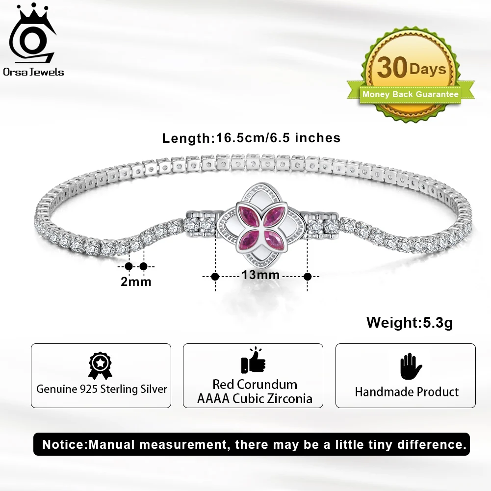 ORSA JEWELS Authentic Silver Clover Tennis Chain Bracelet Hanmade 925 Sterling Silver Hand Jewelry for Woman Girl Pulseras SB140