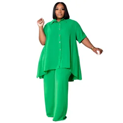 Plus size women's two-piece suits fashionable elegant short-sleeved tops wide-leg pants ladies plus size suits