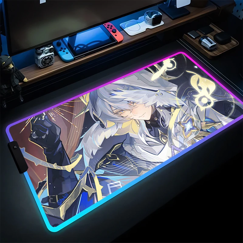 RGB Mouse Pad LED Gamer Desk Mat Komputer PC Anime Mousepad Honkai Star Rail Minggu HD Keyboard Pad Aksesoris Gaming Mousepad