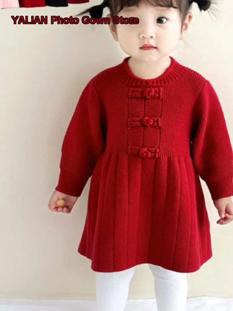 Baby Girl Knit Dress Chinese Style Autumn Winter Long Sleeves Base Layer Top Solid Color