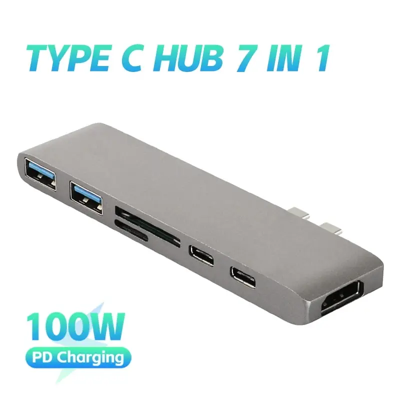 USB C HUB For MacBook 7in1 Type C Dual Dock USB 3.1 To USB-C 4K HDMI SD TF Card Reader USB-A 7Port USB C Macbook Pro Adapter