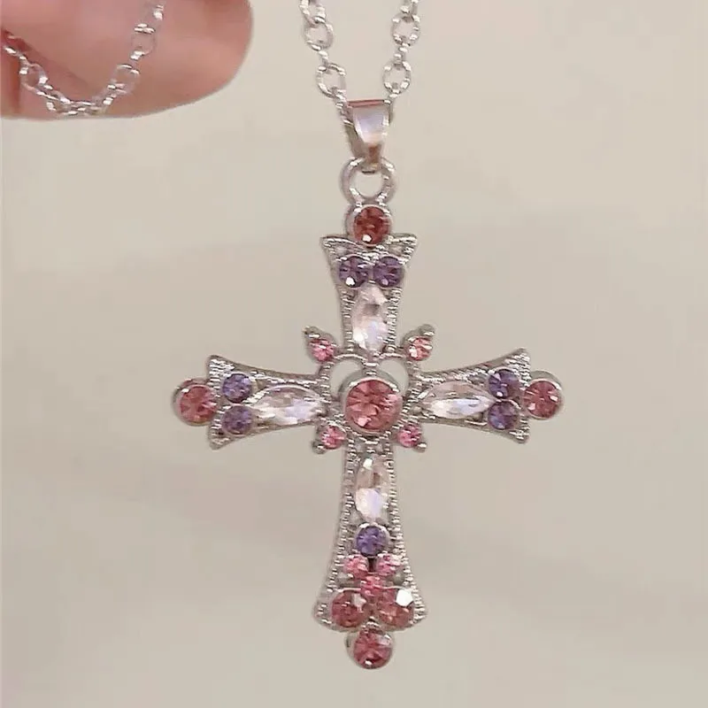 Bohemian Colorful Rhinestone Cross Pendant Earrings For Women Shiny Pink Crystal Cross Dangle Earrings Party Jewlry Girls Gifts