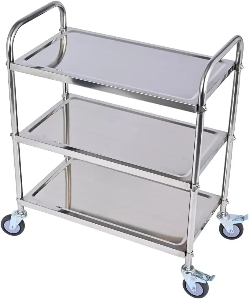 

3 Shelf Stainless Steel cart，420 lbs，1MM Thick，Serving cart with Wheels, Household, Service Trolley,360°Rotation Storage Shelf