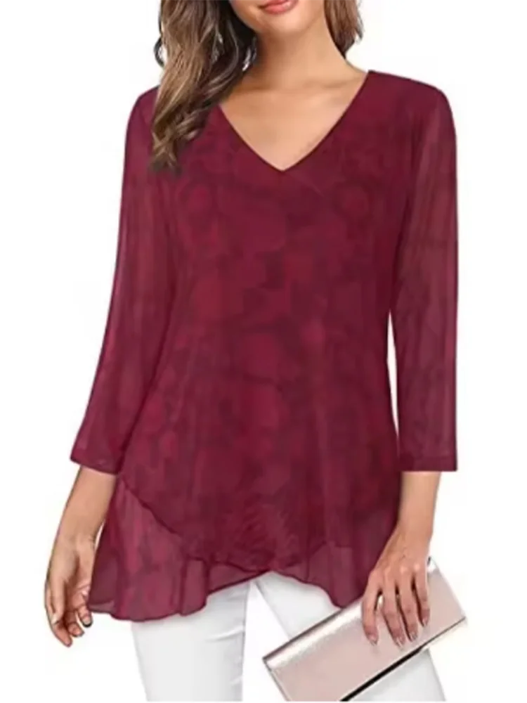 V-hals bedrukt geplooid casual dames-T-shirt met lange mouwen Straat Veelzijdig Elegant woon-werkstijl Lentetop