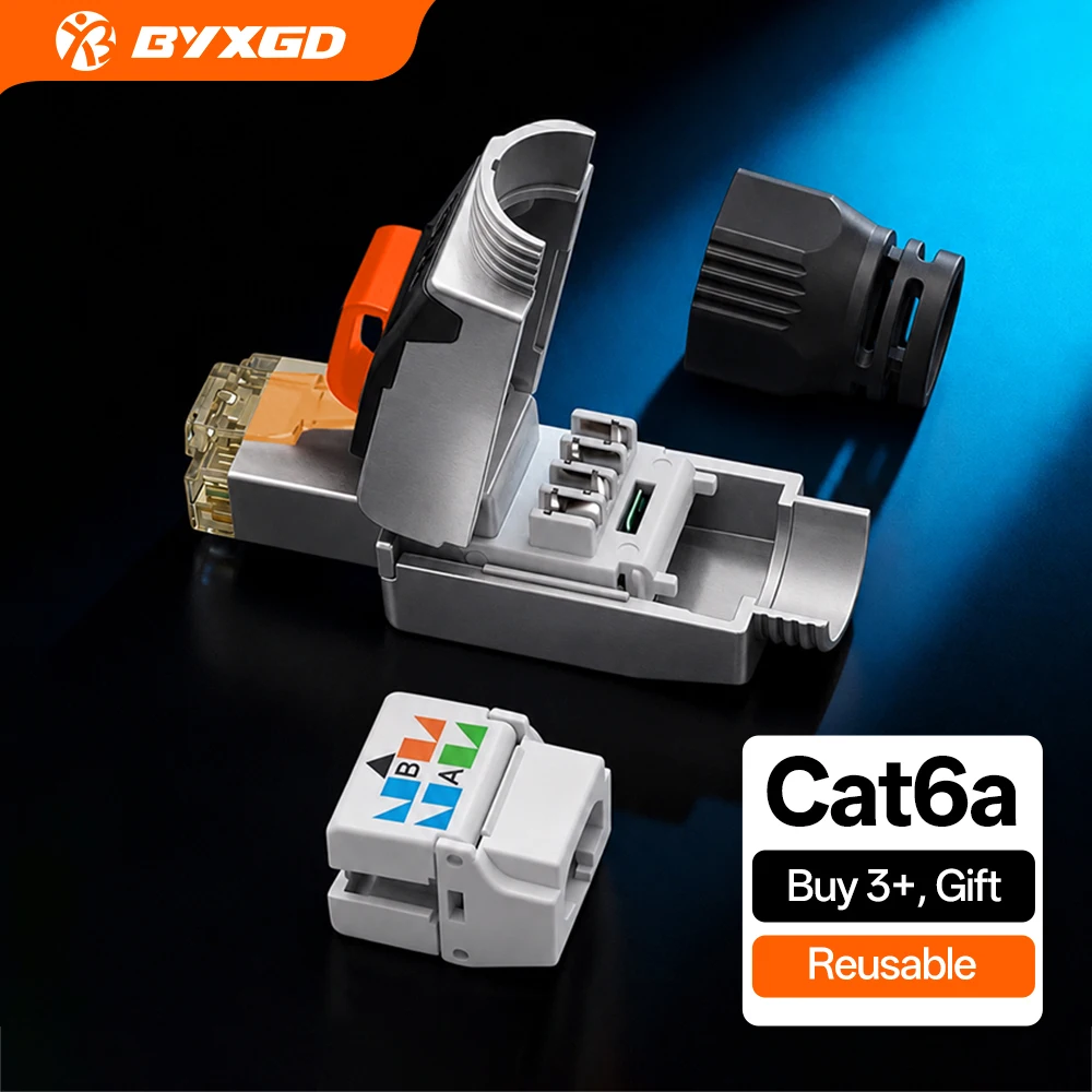 BYXGD CAT6A RJ45 Connector Tool Free Shielded 10Gbps Network Plug Full Metal Ethernet Connector CAT6 Reusable Press-Down Lock