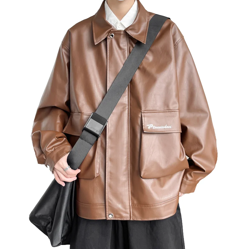 

Мужская куртка из искусственной кожи, осенне-зимняя, модная, однотонная, с отложным воротником, мотоциклетная, для зрелых и стильных мужчин, повседневная ветровка