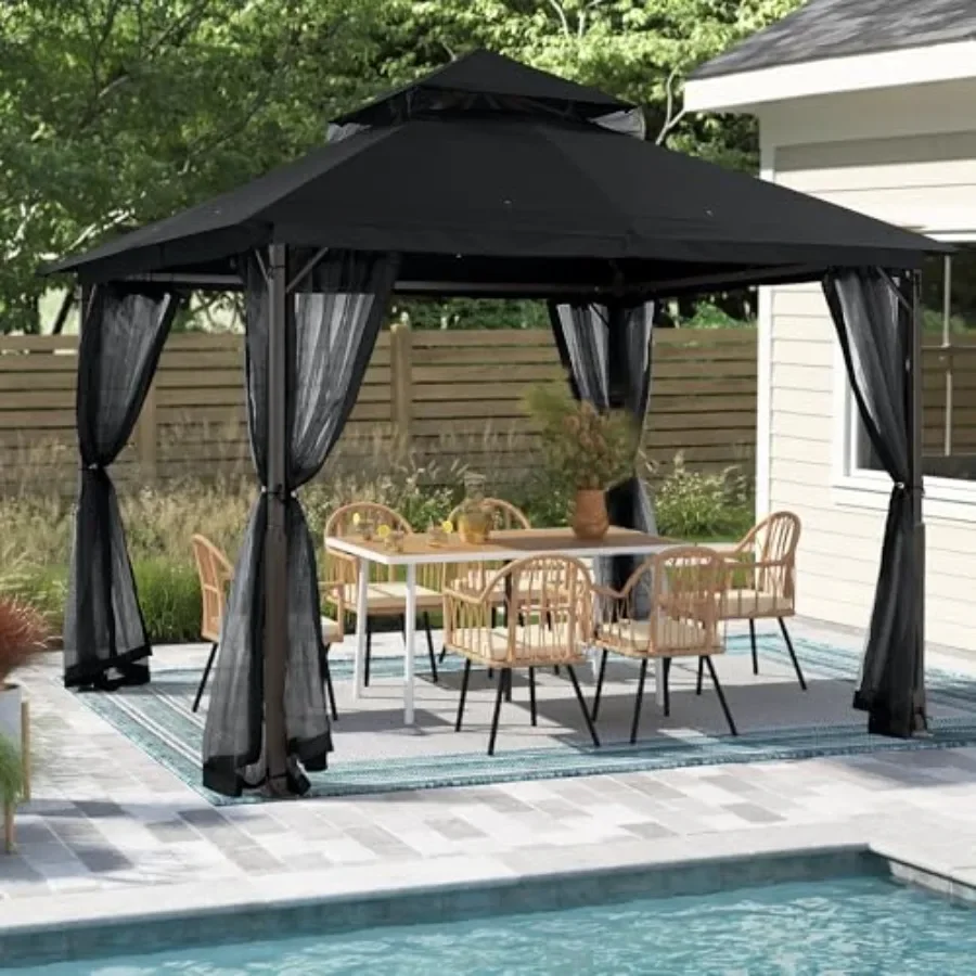 

Outdoor Patio Gazebo with Double Roofs Stable Steel Fe and Mosquito Netting in Beige for Sun Protection and Insect Shield
