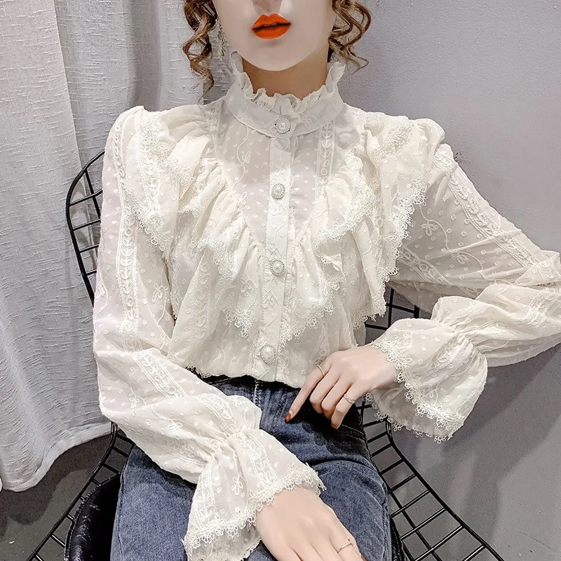 Vintage Lolita Chiffon Shirt Ruffle Stitching Elegant Lace Blouse Korean Style Long Sleeve Stand Collar Loose Chiffon Shirts