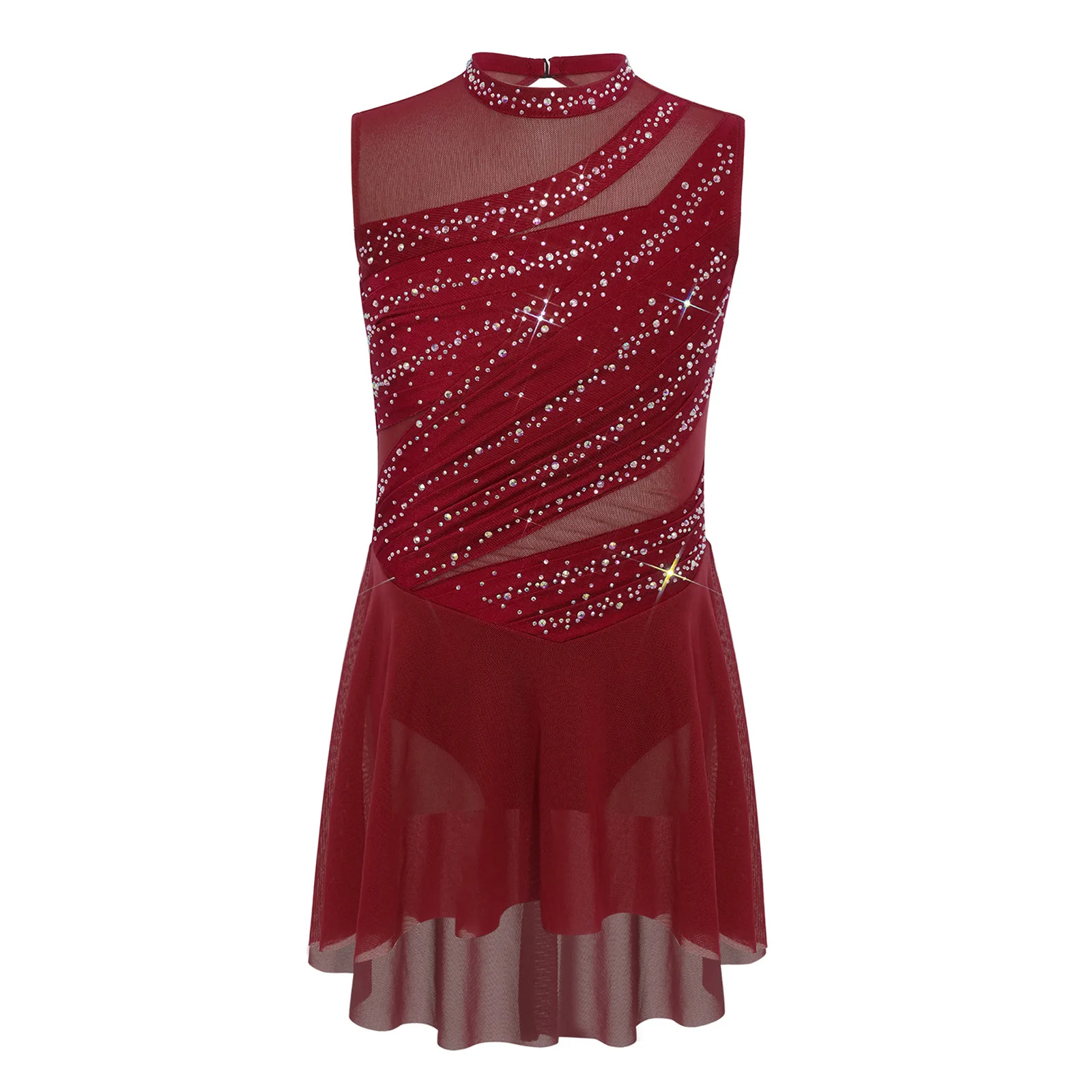 Kids Girls Lyrical Dance Performance Dress Sleeveless Sheer Mesh Shiny Rhinestone Figure Skating Gymnastics Leotard Dresses