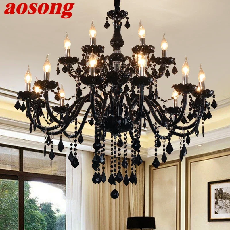 aosong lampada pingente de cristal estilo europeu lustre de luxo lampada vela preta sala restaurante quarto villa 01