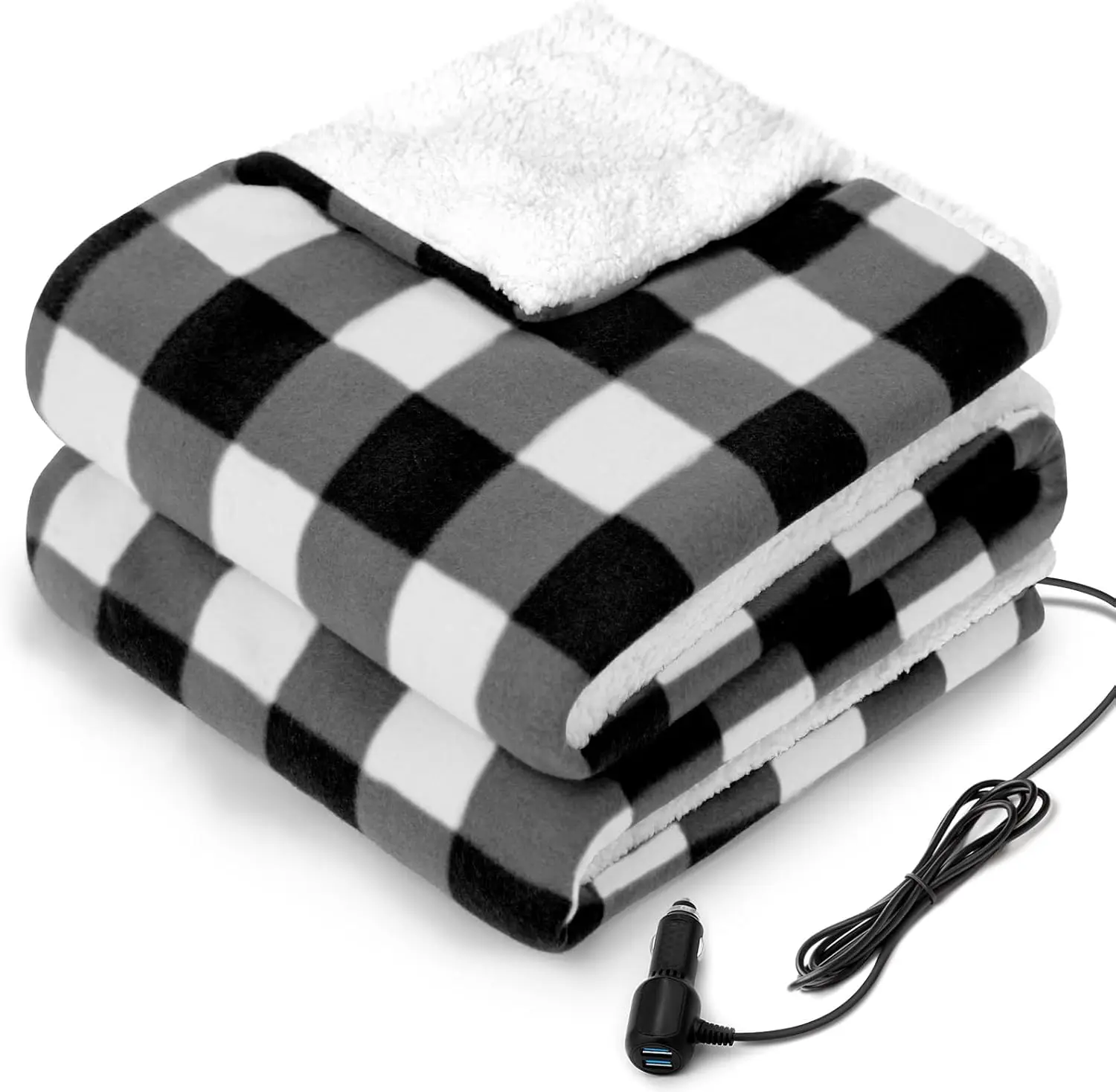 

12V Heated Car Blanket with 2 USB Ports, 3 Heat Settings & Auto Shutoff for Vehicles & Camping, Machine Washable