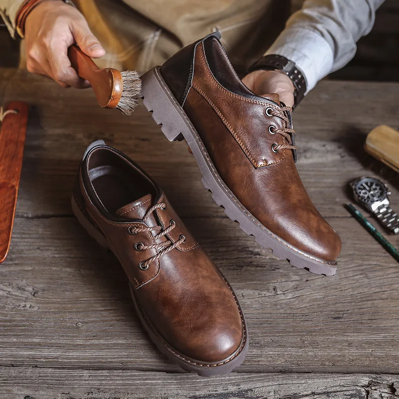 Mens Round Toe Derby Shoes Low-Cut British Style Vintage PU Leather Boots Lace-Up Business Casual Comfortable Versatile Footwear
