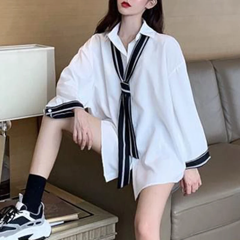 Women Korean Fashion Lace Up Chic Elegant Shirts Casual Streetwear Oversized Harajuku Blouses Female Y2K Solid Long Sleeve Tops