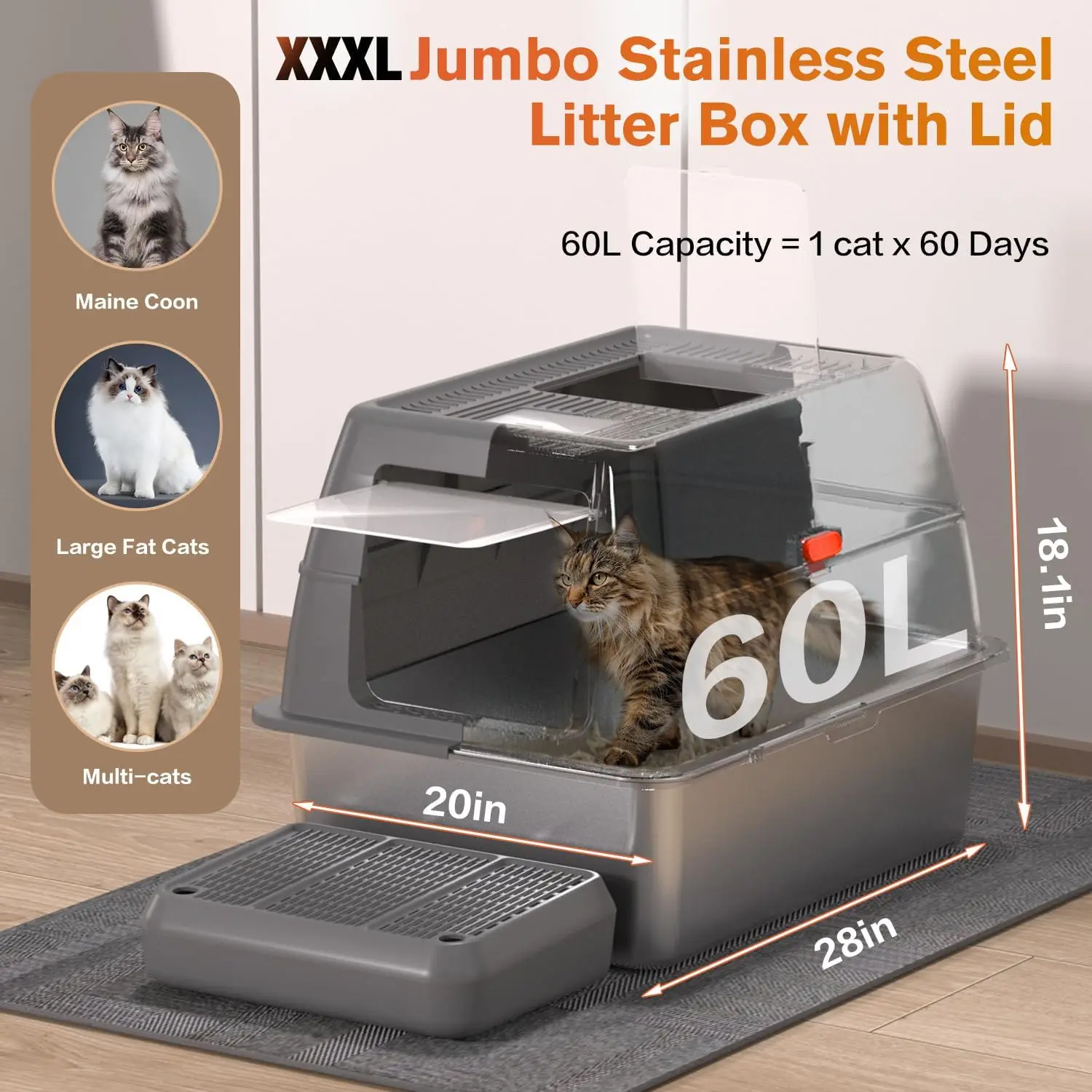 XXXL Enclosed Stainless Steel Litter Box for Big Cats, Extra Large 28”L x 20”D x 18.1”H Metal Cat Litter Box with Lid, Removable Cover and Footboard, Jumbo Odorless Anti-Leakage Design