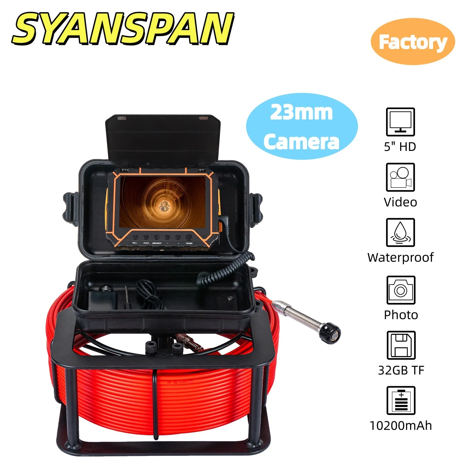 SYANSPAN 5-inch High-Definition Screen Pipeline Inspection Camera 23mm Sewer Camera 16GB DVR Audio Output IP68 Waterproof