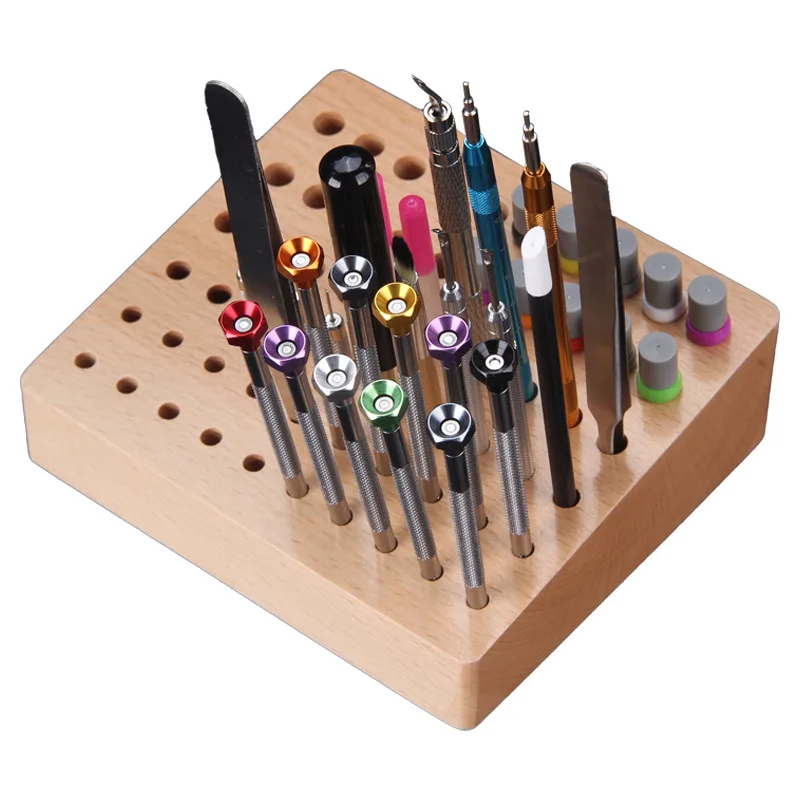 60 Hole Wooden Screwdriver Tweezers Tool Holder Base Jewelry Watch Repair Hand Kit Watchmaker Part Professional Accessories