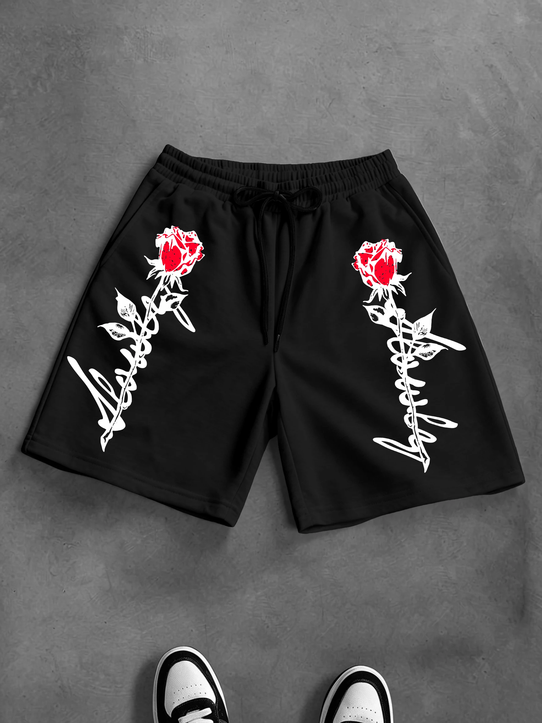 Men's Oversized Gothic Streetwear Shorts Brand Symmetric Rose Print Polyester Black Multi Color Casual Shorts S-2XL All Size 1Pc