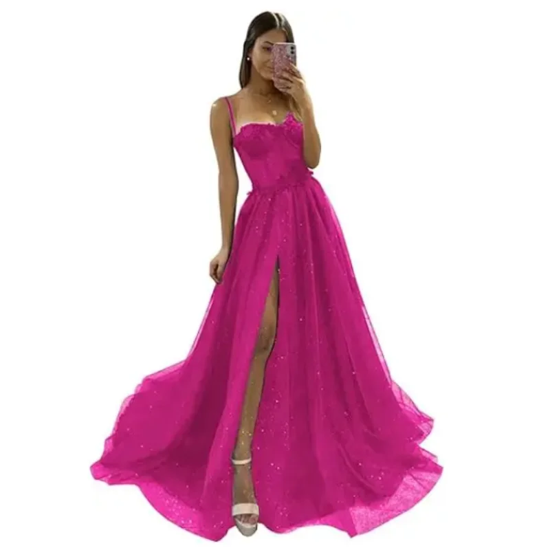 Glitter Tulle Prom Dress, Vestido de baile longo, Lace Appliqued, Fenda Flor 3D, Vestidos de dama de honra, Vestidos Sexy Cocktail Party