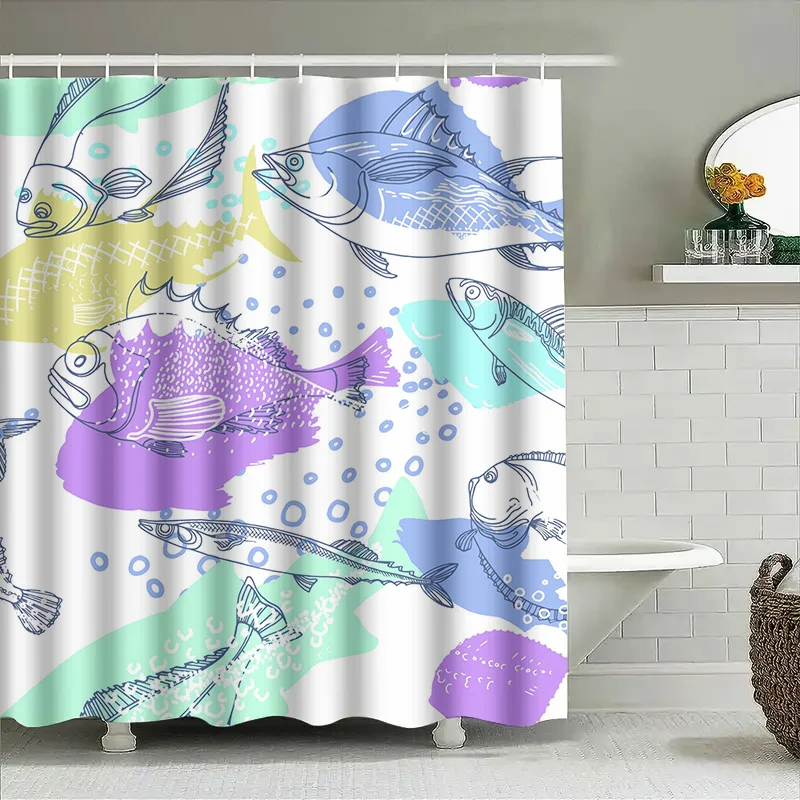 

Vibrant Fish Print Shower Curtain Modern Waterproof Bath Decoration with Rings Size Customizable for Bathroom or Kitchen Availab