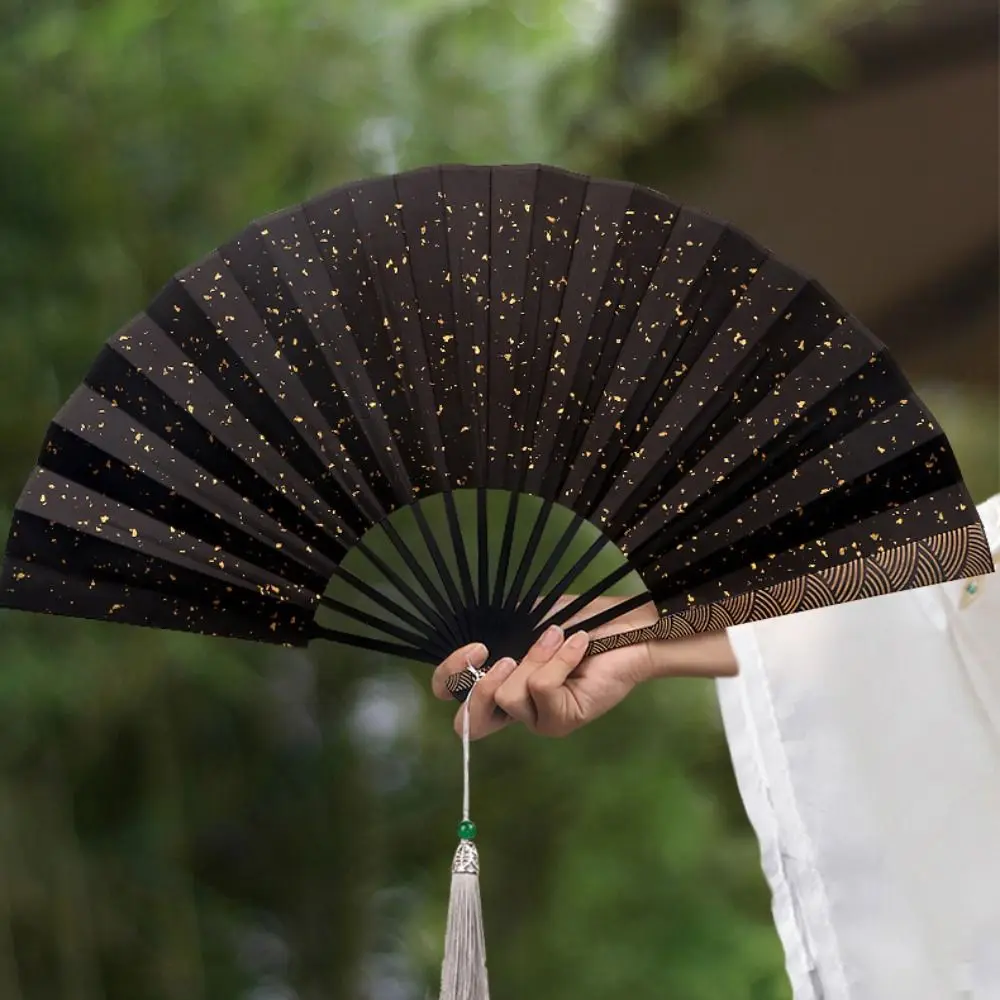 Sprinkled Gold Cloud Pattern Handle Folding Fan with Tassel 10 in Men Hand Fan Carved Silk Cloth Fan Panel Decorative Fan Crafts