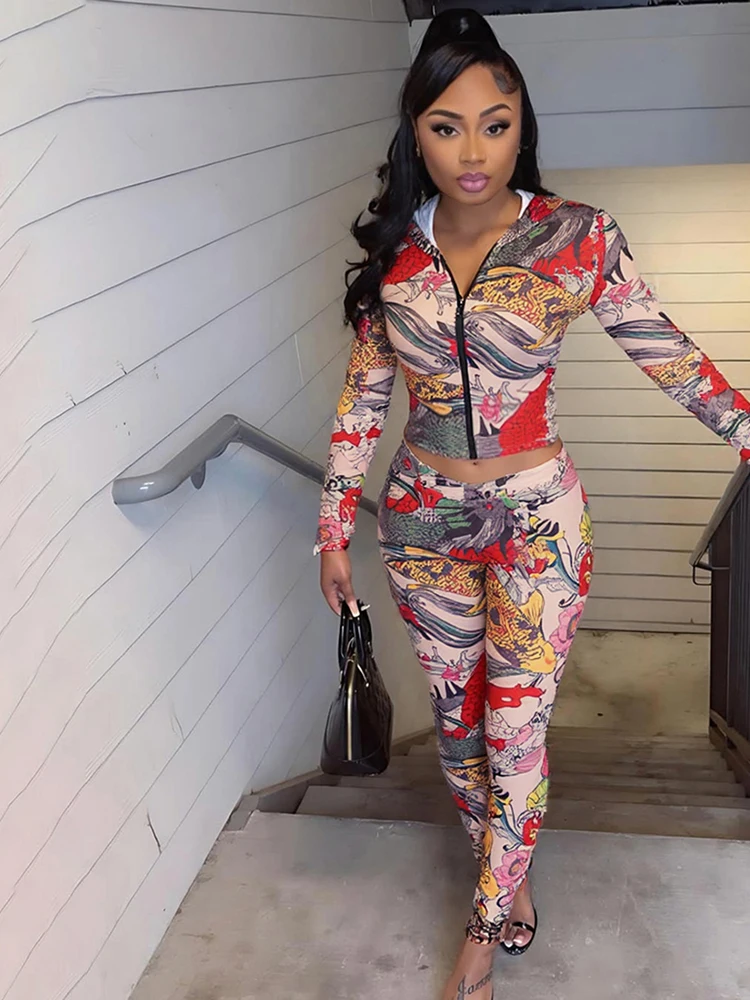 

Sisterlinda Printing Slim Hooded Close-fitting Pants Suit Women Sexy Popular Body-shaping Vestidos Girl Festival Party Pants Set