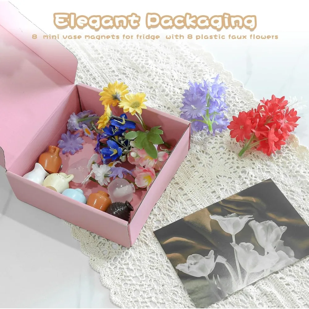 

Mini vase magnet, a set of 8 miniature ceramic magnetic vases with artificial flowers