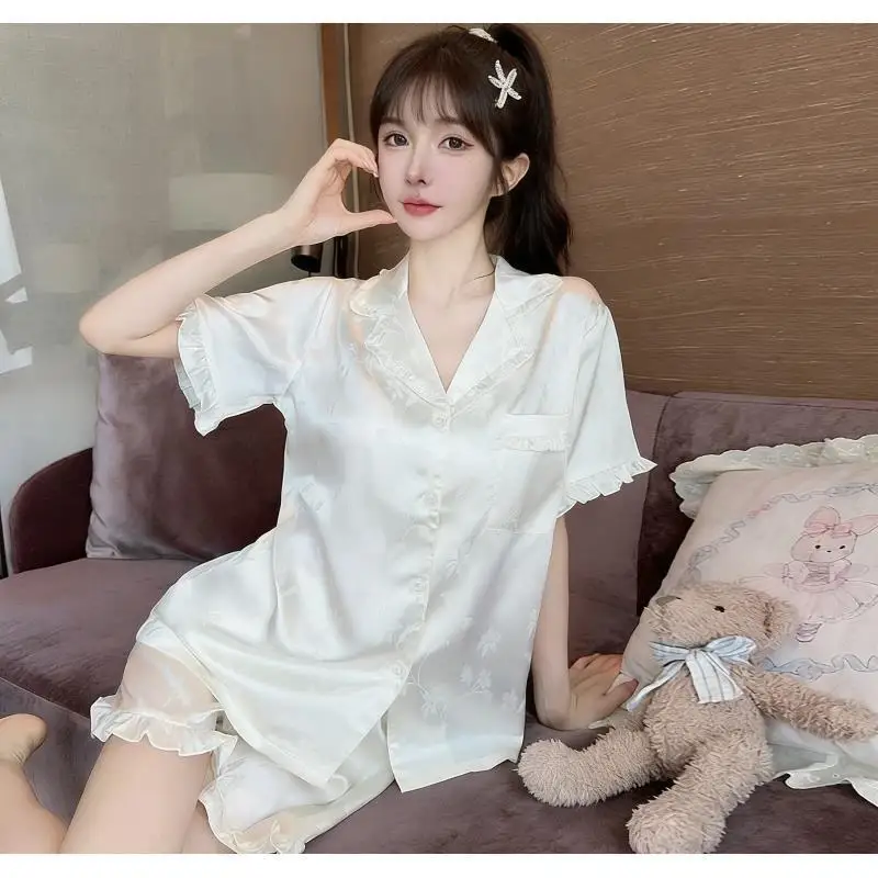 

Ice Silk Pajamas Women's Summer High-Quality Short-Sleeved Shorts Light Luxury Wearable Outerwear Home Clothes Set Thin Section