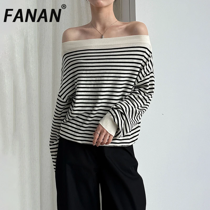 

FANAN Striped Contrast Color Knitting Sweater For Women Slash Neck Long Sleeve Office Lady Fit Tops Female 2025 Autumn New