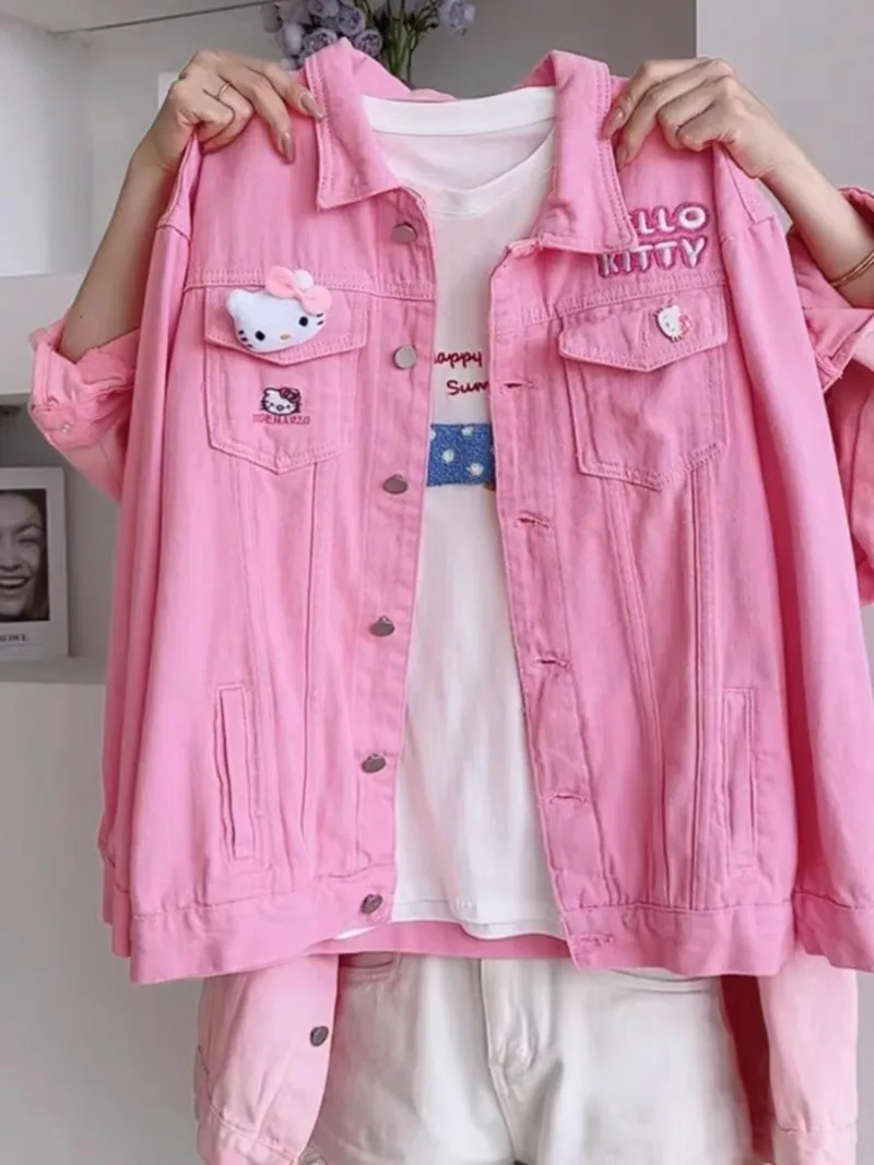 

Осень-зима, новая розовая джинсовая куртка с вышивкой «Hello Kitty» для женщин, свободные милые топы с длинными рукавами, кавайная женская одежда