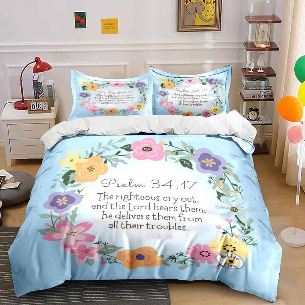 Inspirational Psalm Floral Design Set  kid's and adults' bedroom decor, Exquisite three-piece bedding set gift