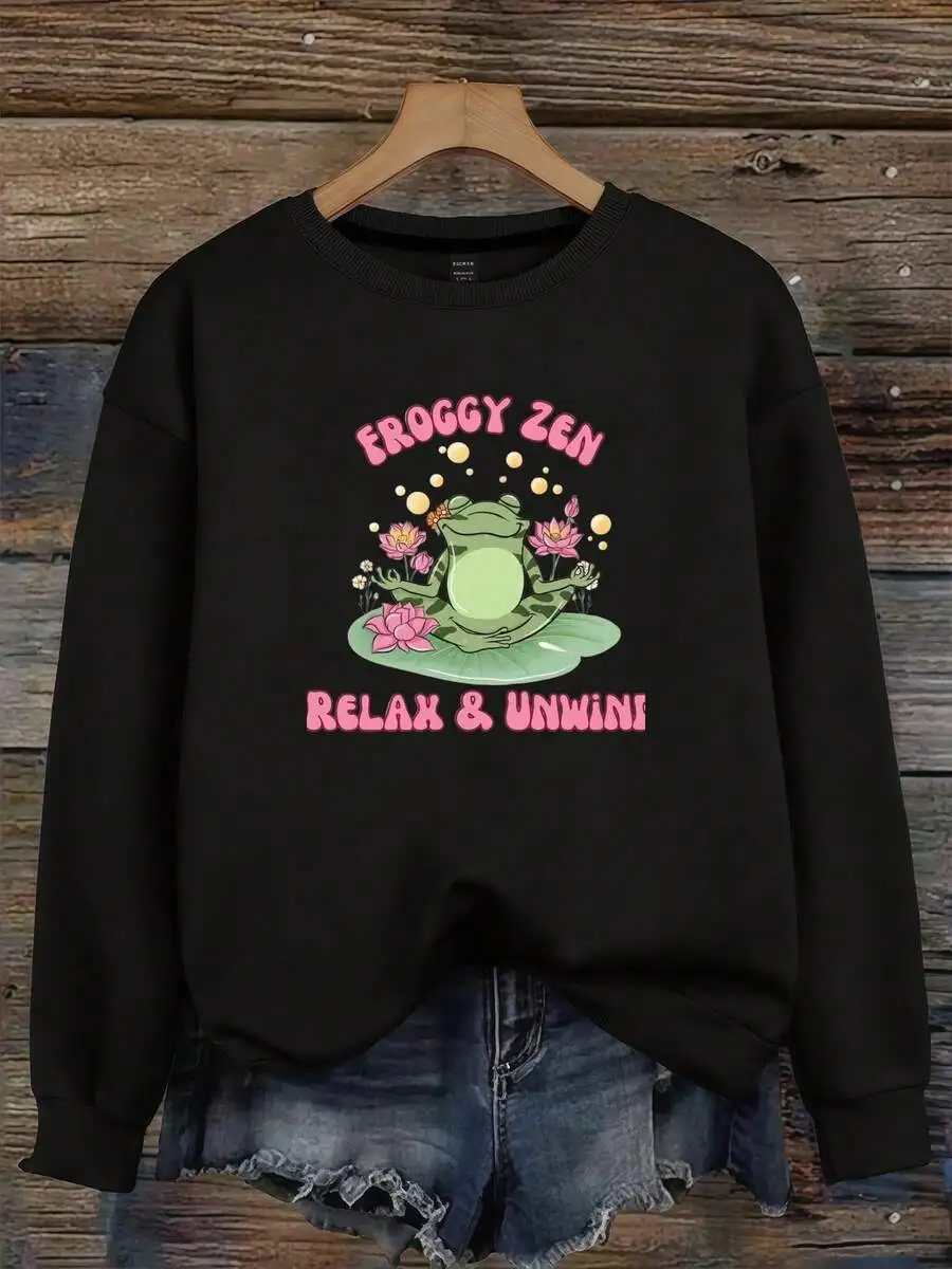 

Froggy Zen Sweatshirt Relax And Unwind Graphic Top For Women Casual