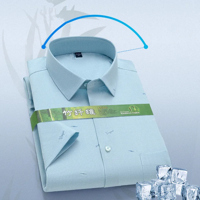 

Новая мужская летняя рубашка из бамбукового волокна с коротким рукавом, легкая, повседневная, дышащая, удобная, мягкая ткань, легкий в уходе, облегающая деловая рубашка