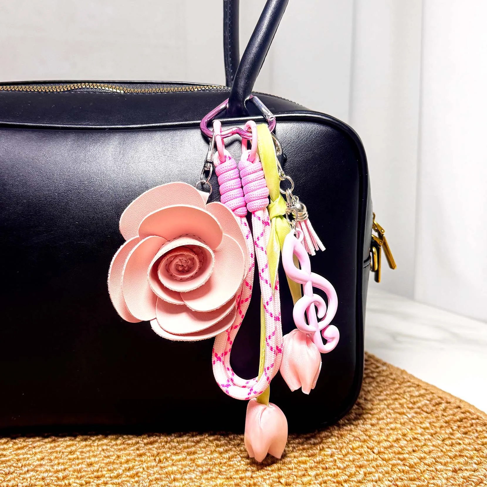 Leather Rose Flower Keychain Hand Braided Rope Roman Knot Lanyard Keychain Bag Accessories Pendant for Women