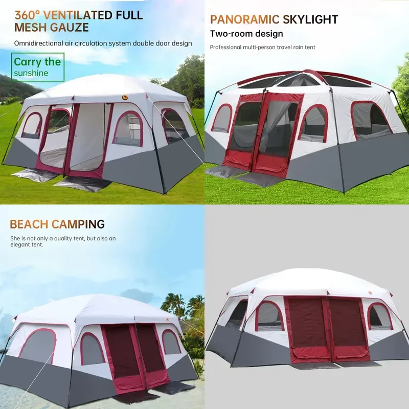 Large Family Camping Tent 6-12 Person Waterproof Double Layer 2 Bedroom 1 Living Room Outdoor Picnic Hiking Shelter Equipment