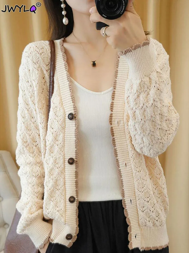 Hollow Out Knit Sunscreen Cardigan Womens Summer Causal Loose Sweater Korean Fashion Knitwear Coat Vintage Oversize 3xl Jackets