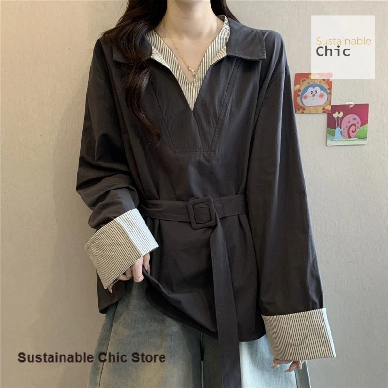 

French temperament contrast stitching stripe fake two-piece shirt women's spring and autumn new fashion Joker POLO collar top.