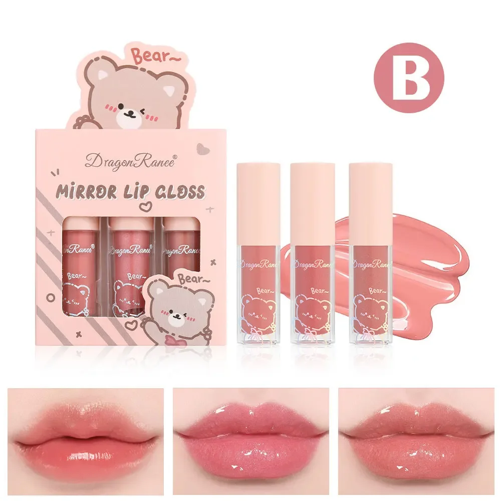 Dragon Ranee 3Pcs/set Glossy Lip Gloss Moisturizing Sparkling Glass Water Mirror Pearlescent Cartoon Lipstick Cosmetic Wholesale