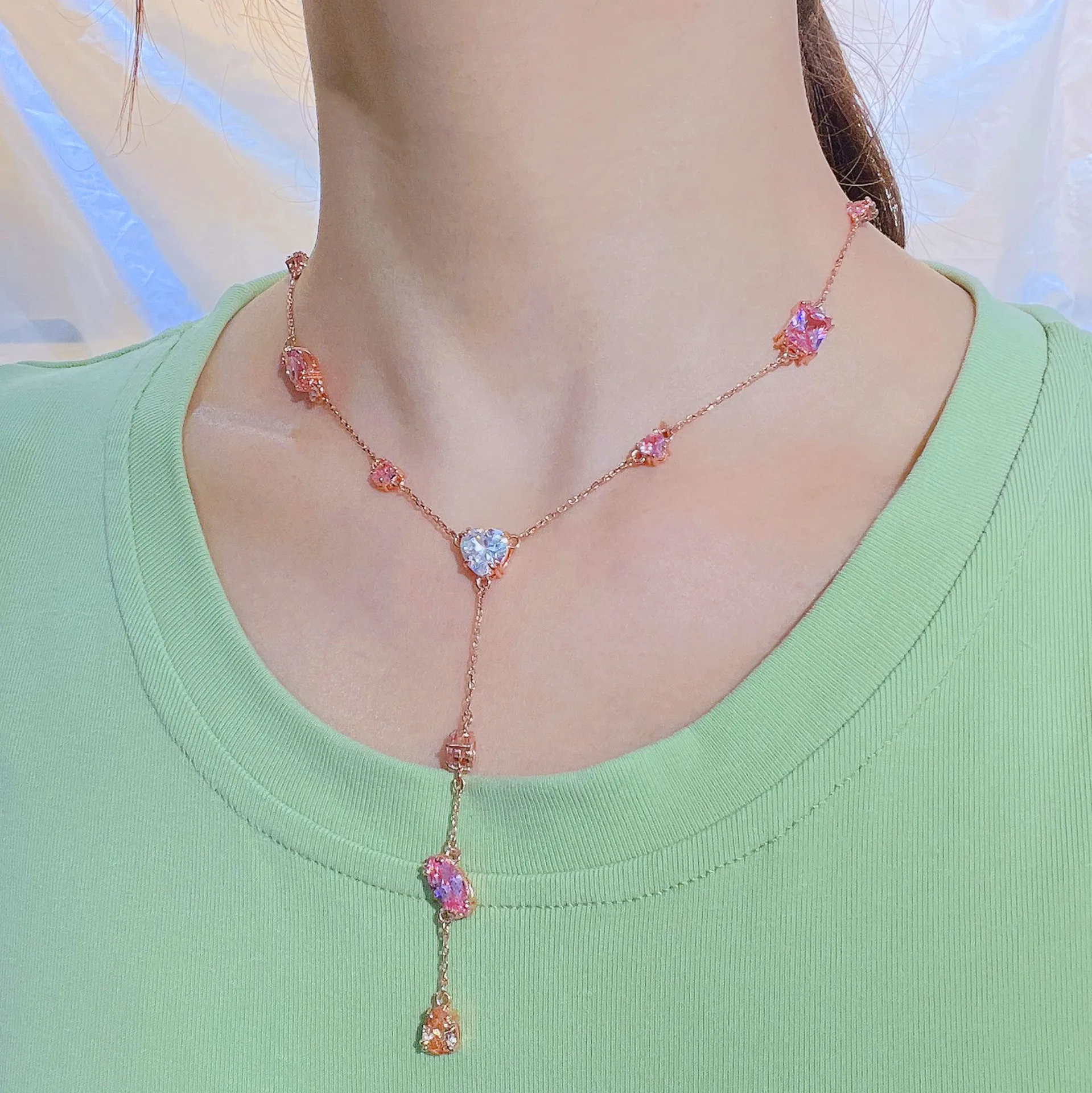 S925 Sterling Silver Square Candy Stud Earrings Crystal Bracelet Light Luxury Design Female Collarbone Chain Pink Diamond