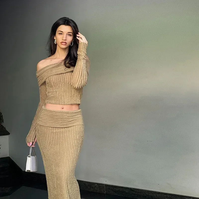 Ueteey Knitted Two Piece Skirt Sets Autumn Outfits Women Off the Shoulder Long Sleeves Crop Tops + Bodycon Skirts Suit Khaki