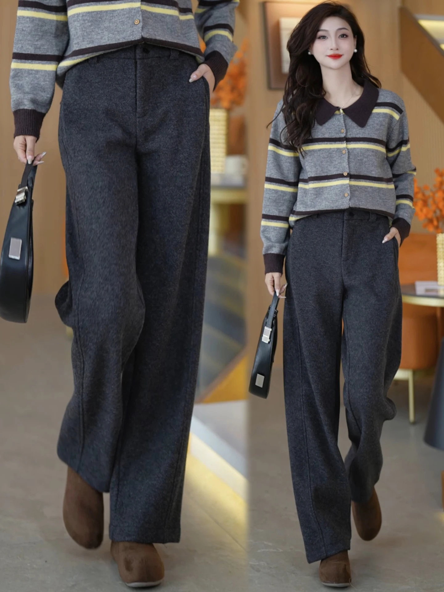 

Женские шерстяные брюки с высокой талией, на флисовой подкладке, широкие, прямые, осенне-зимние, новый стиль, повседневные, в стиле «рисовая лапша»