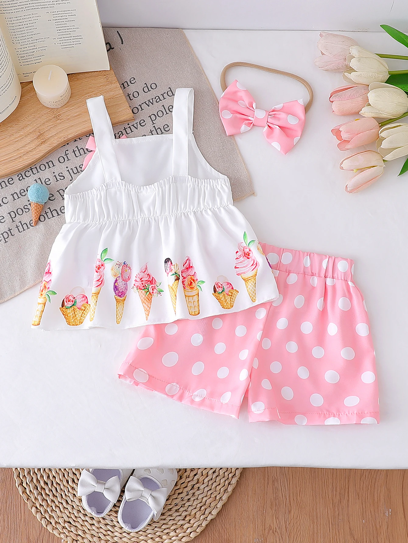 2025 Summer New Infant Girl’s Ice Cream Print Strap Top with Polka Dot Shorts, Casual Holiday Two-Piece Set image 2