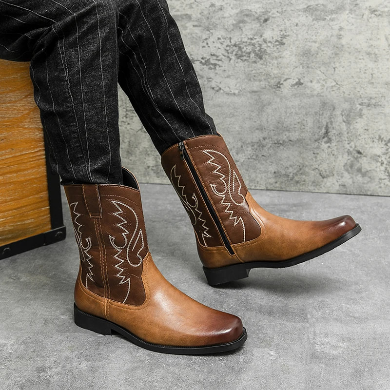 2023 Handmade Men Cowboy Boot High Quality Embroidery Western Leather Flat Boots Mid-calf Male Boots Outdoor Zipper Riding Boots