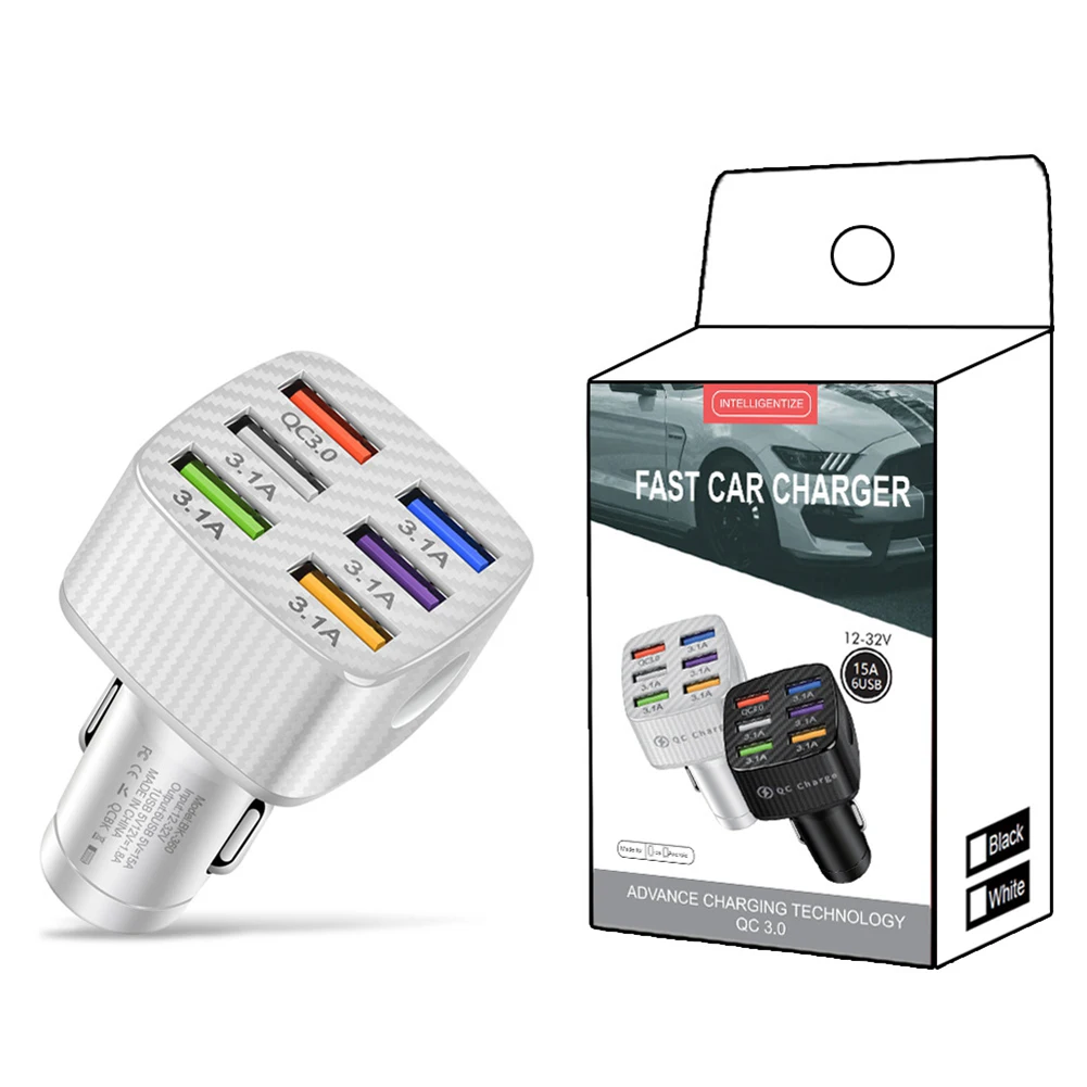 White 6-Port USB Car Charger with LED Light, QC3.0 Fast Charging 15A Smart Car Phone Charger Adapter